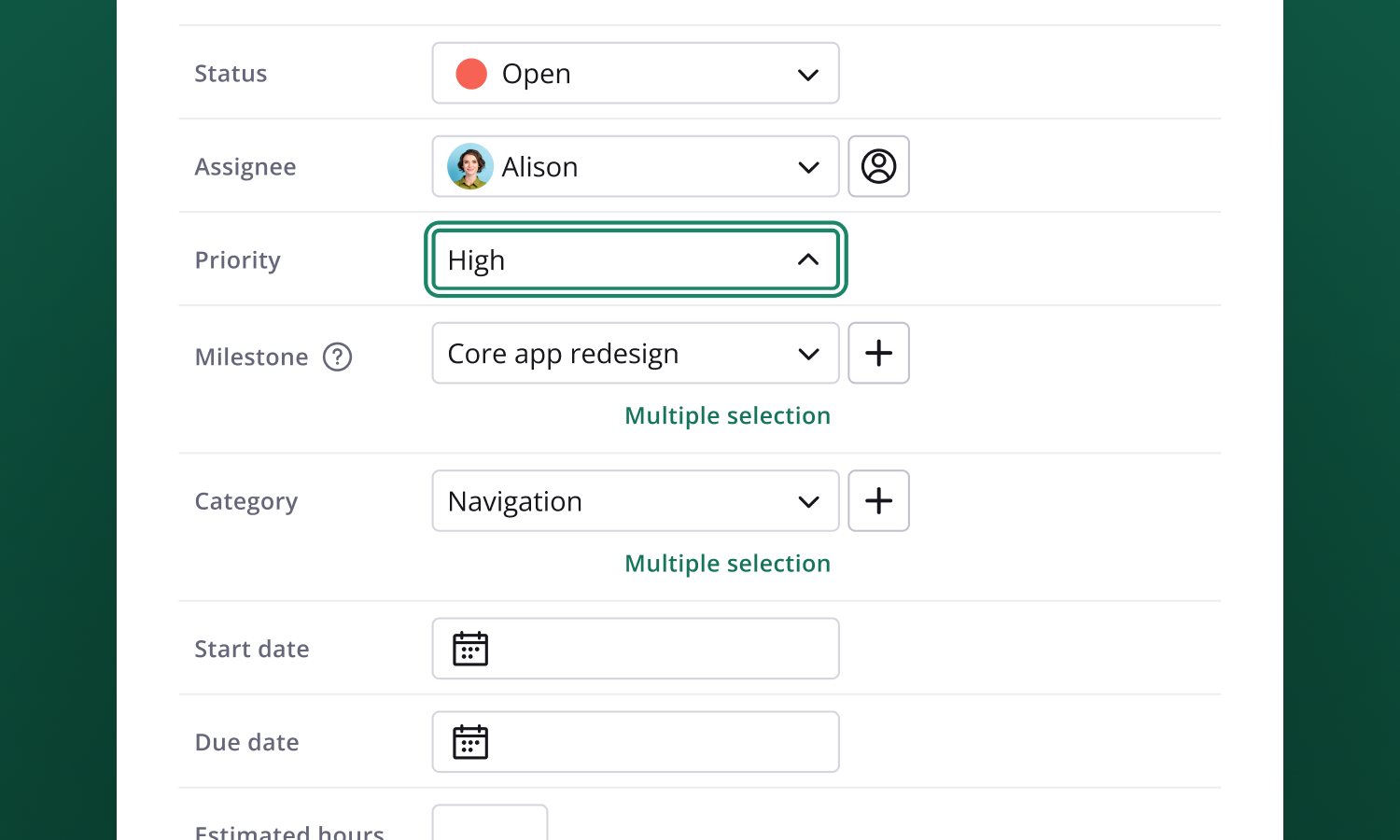 A clear focus ring shown while navigating an issue form with the keyboard